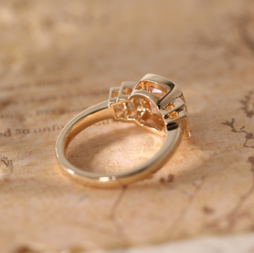 14K Yellow Gold 2ct Old Mine Cut Light Pink Lab Diamond Bezel 5 Stone Ring with Baguette Lab Diamond Side-stone