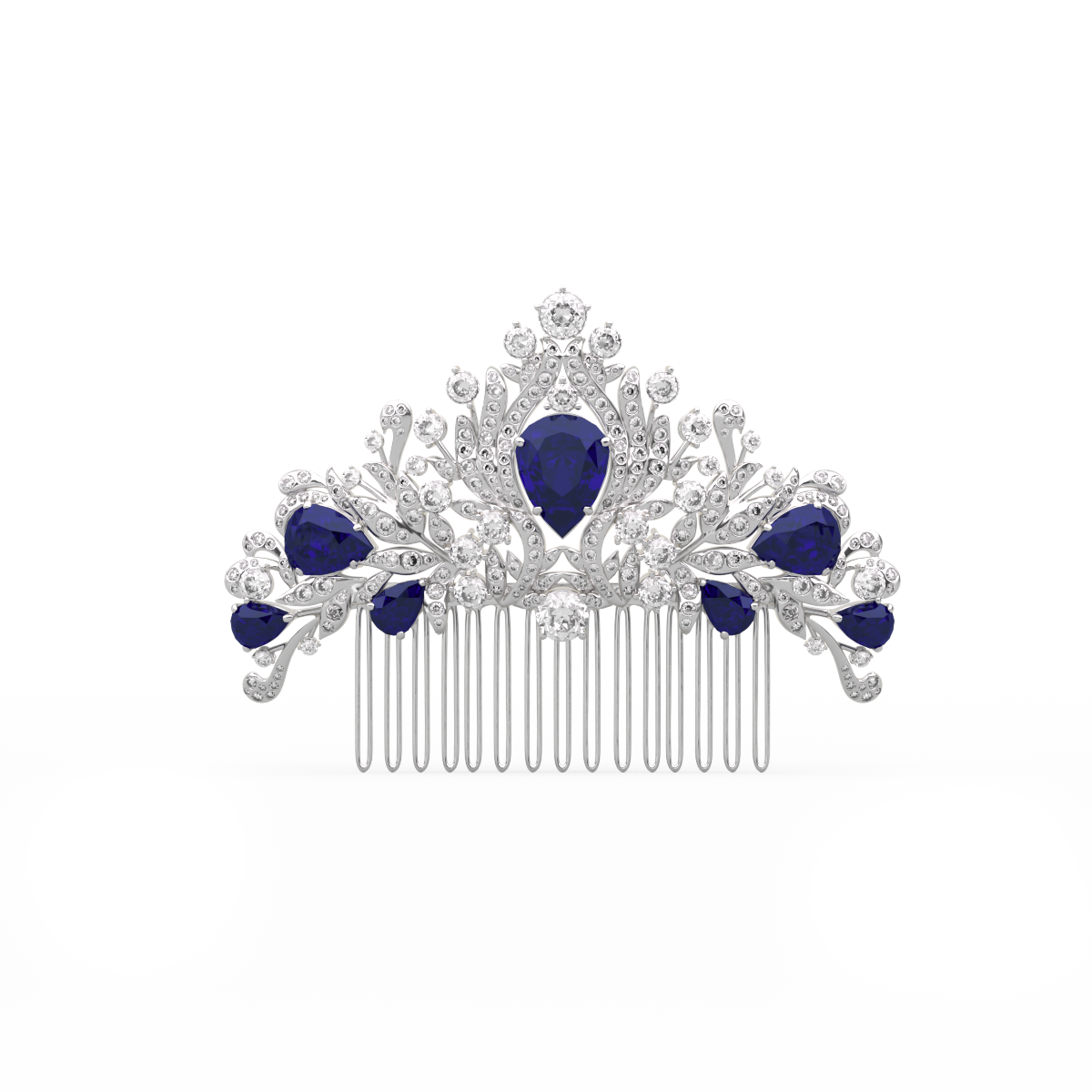 14K White Gold Pear Lab Sapphire and Round Lab Diamond Floral Crown Vintage Bridal Comb