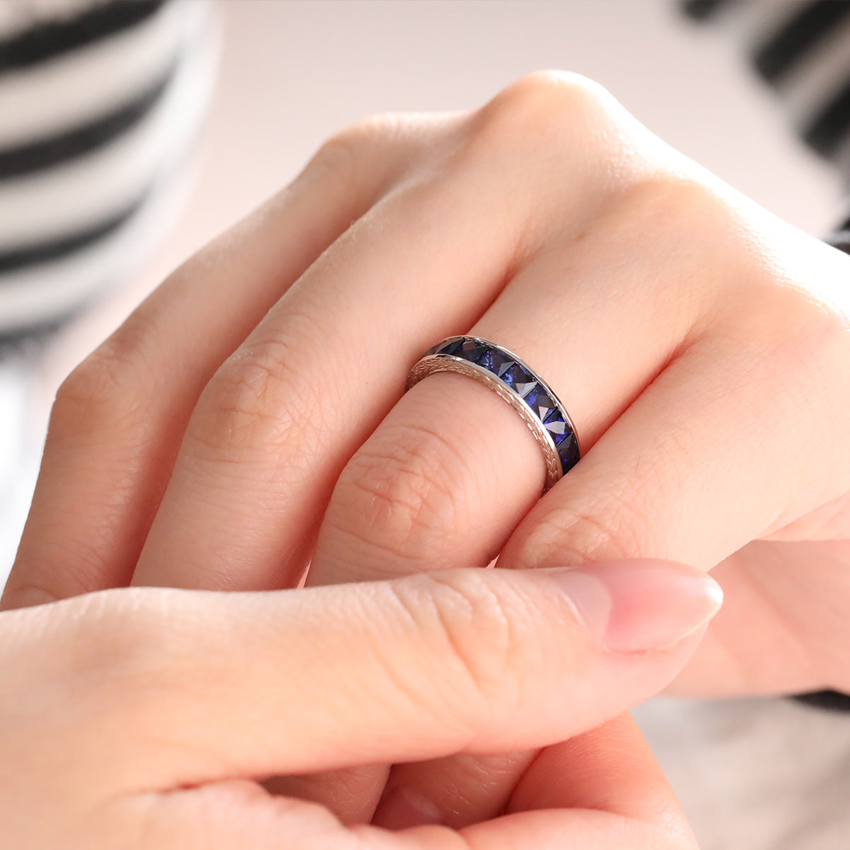 3mm Princess Cut Lab Sapphire Channel Setting Eternity Ring