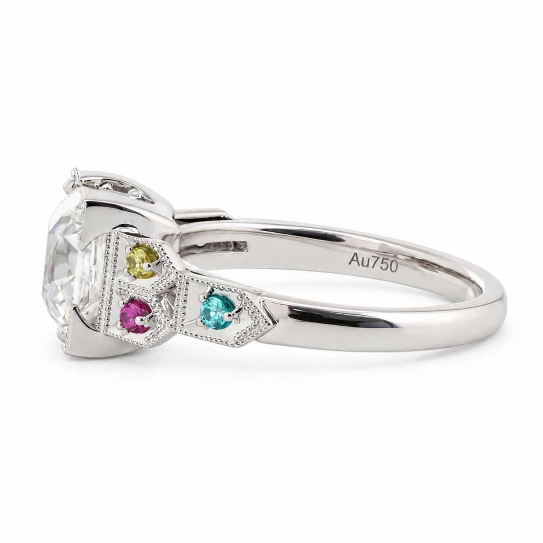 OMC Diamond Millegrain Ring with Fancy Color Gem Side Stones