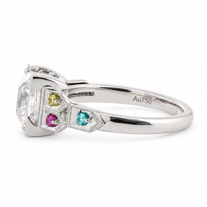 OMC Diamond Millegrain Ring with Fancy Color Gem Side Stones