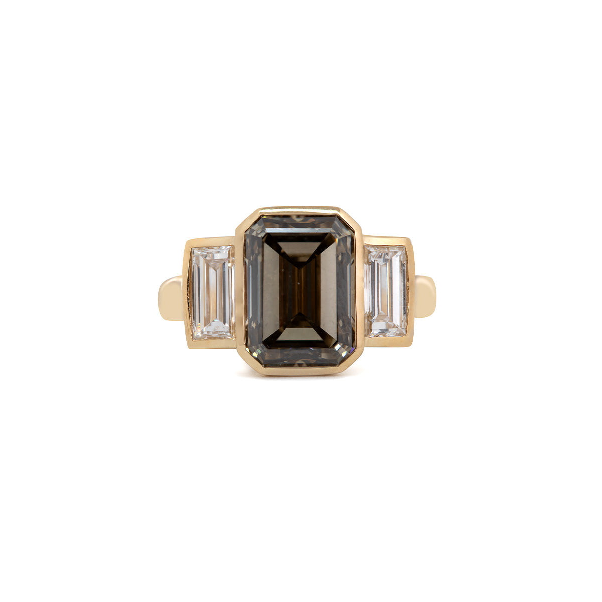 14K Yellow Gold 3.5ct Emerald Cut Brown Lab Diamond Three-stone Bezel Ring with Two Baguette Cut Lab Diamonds