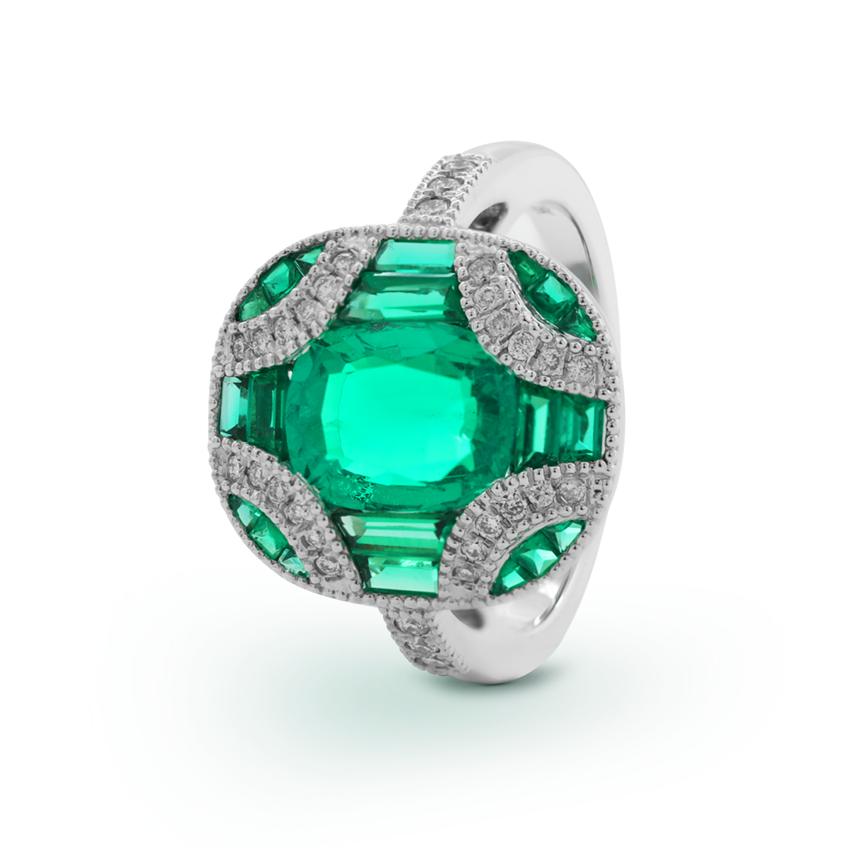 18K White Gold 2ct Cushion Lab Columbian Emerald Millegrain Invisible Setting Vintage Ring with Round Lab Diamond and Mixed Cut Lab Columbian Emerald Side-stones Monthly Deals