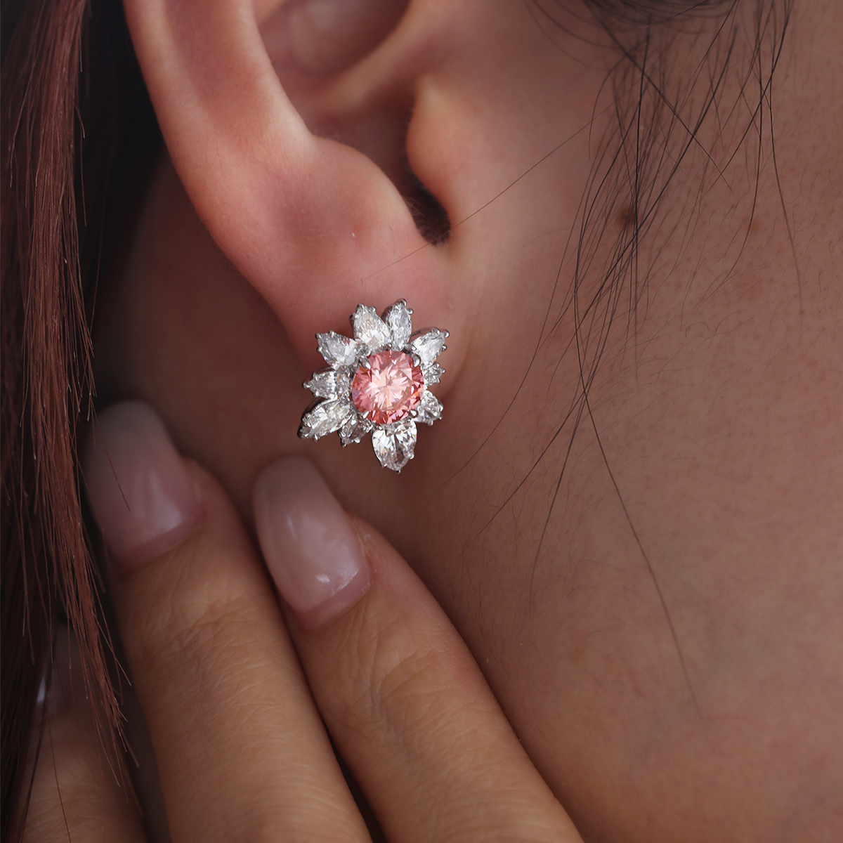 Platinum 2 ct tw Pink Round Cut Lab Dimaond Floral Nature-Inspired Stud Earrings