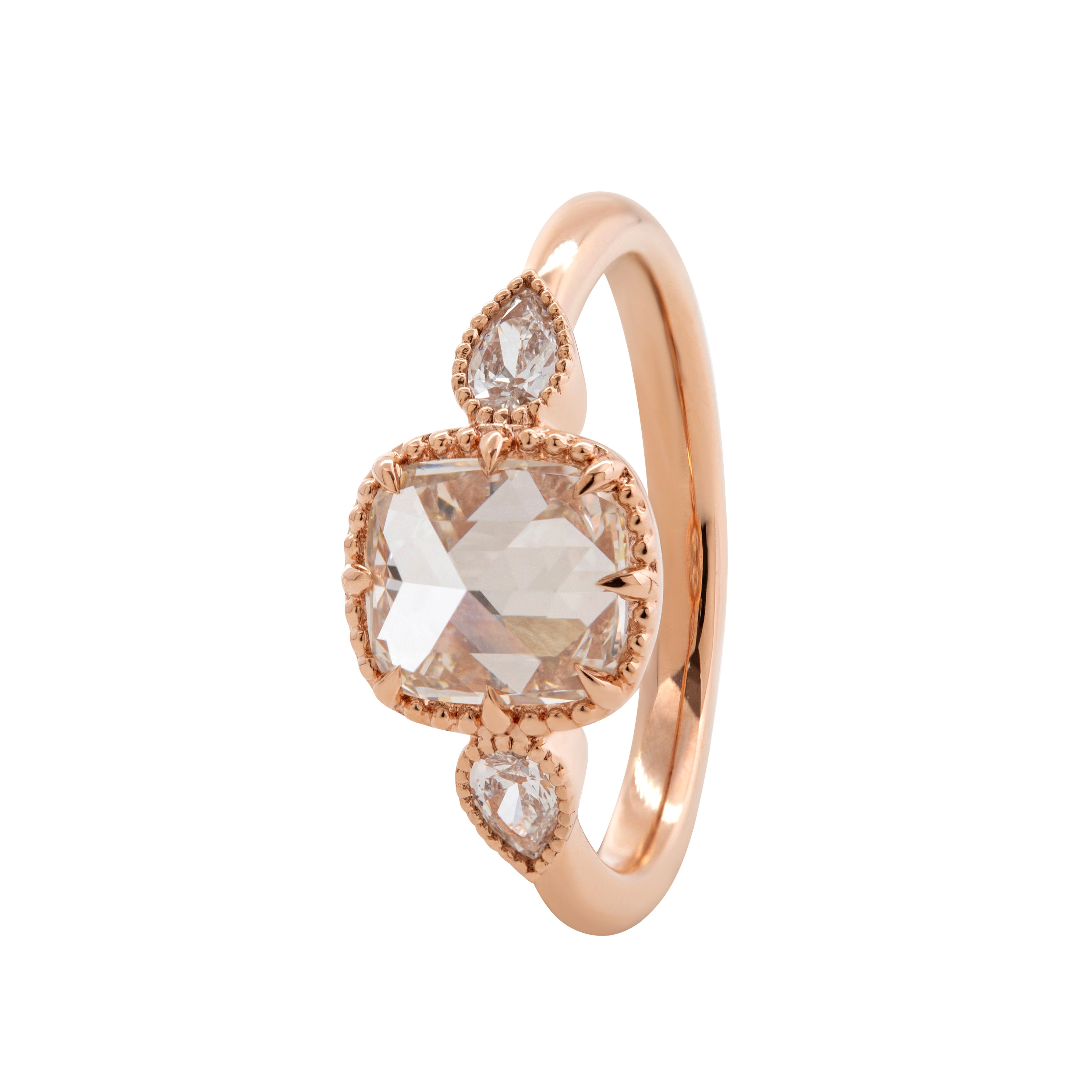 14K Rose Gold 1.5ct Cushion Rose Cut Lab Diamond Millegrain Bezel Three-stone Ring with Pear Shaped Side-stone Design