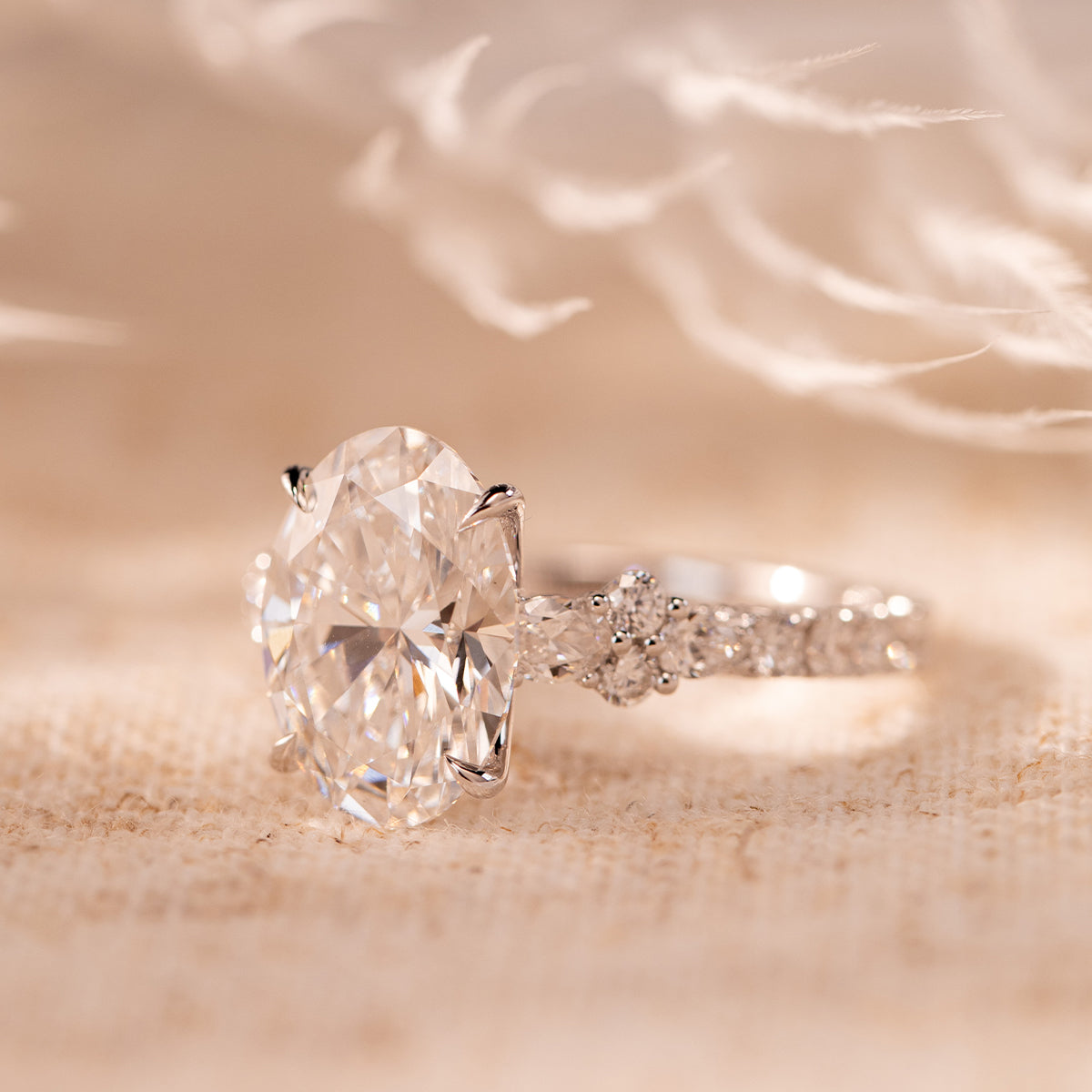 18K White Gold 3.5ct Oval Lab Diamond Vintage Ring with Millegrain and Lab Diamond Side-stones Pave
