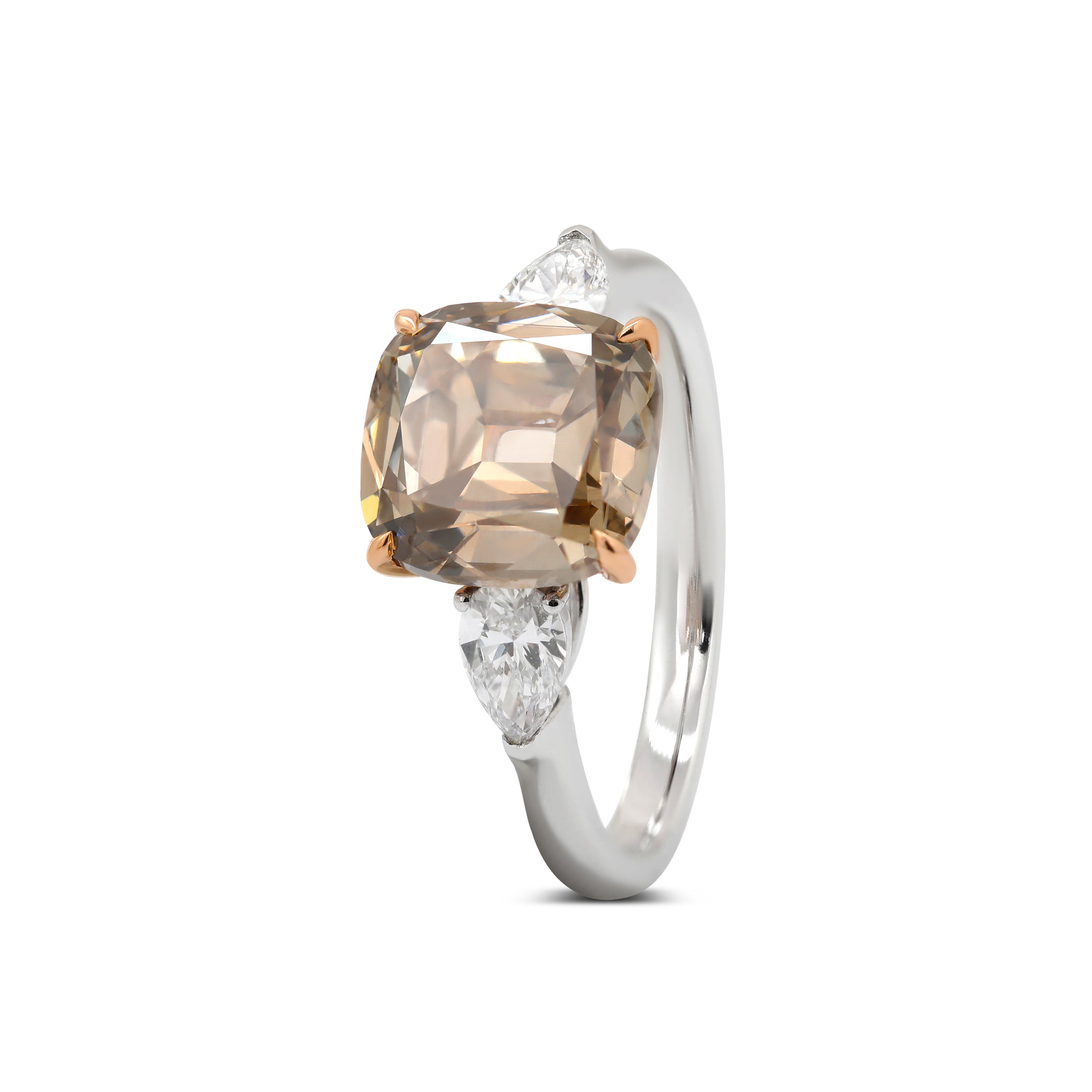 18K White Gold and Rose Gold 2.74ct Cushion Old Mine Cut Brown Lab Diamond Three-stone Prong Ring with Two Pear Cut Lab Diamonds