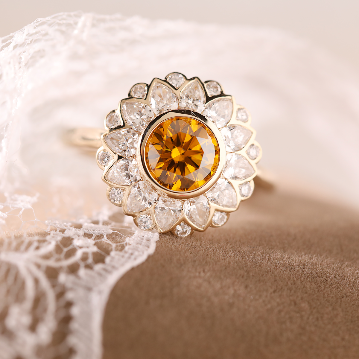 14K Yellow Gold 1.5ct Round Cut Yellow Lab Diamond Nature-Inspired Sunflower Halo Ring