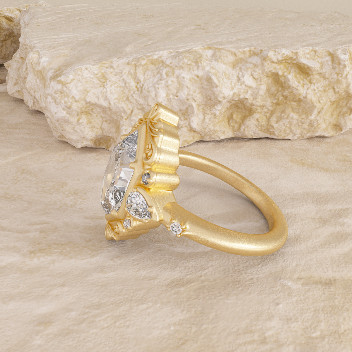 14K Yellow Gold 2ct Elongated Hexagonal Cut Lab Diamond Victoran-Style Bezel Ring with Floral Motifs