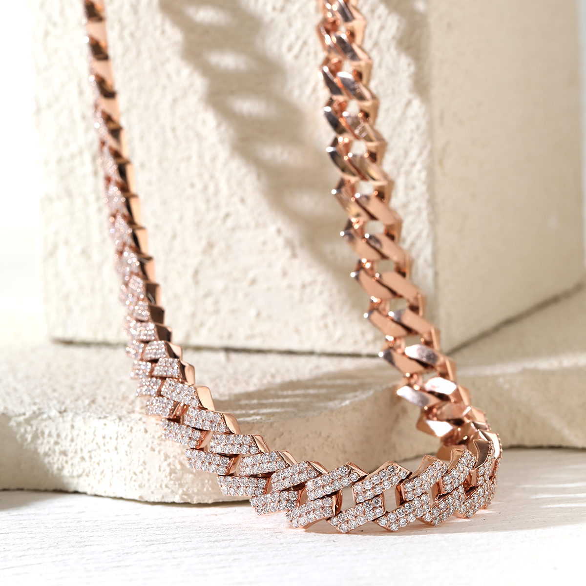 14K Rose Gold Iced Out Cuban Link Chain Necklace with Round Lab Diamond