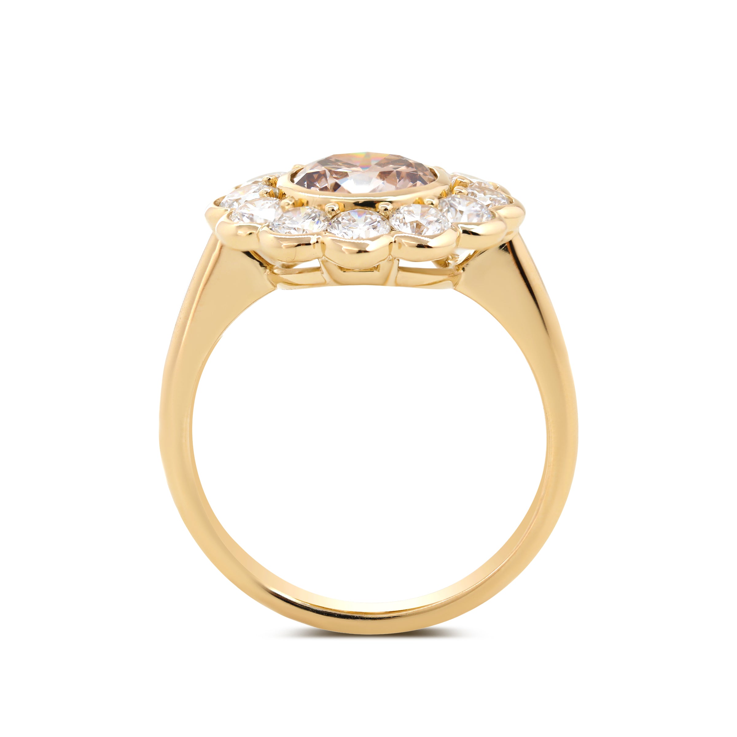 14K Yellow Gold 1.5ct Round Cut Light Brown Lab Diamond Bezel Ring with Roound Lab Diamond Halo