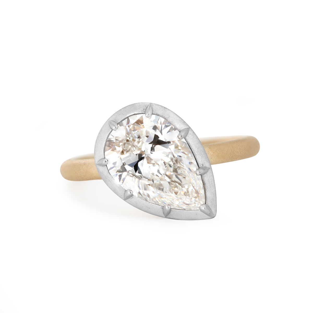 14K Yellow Gold 3ct Pear Shaped Lab Diamond Matte Ring with White Gold Bezel