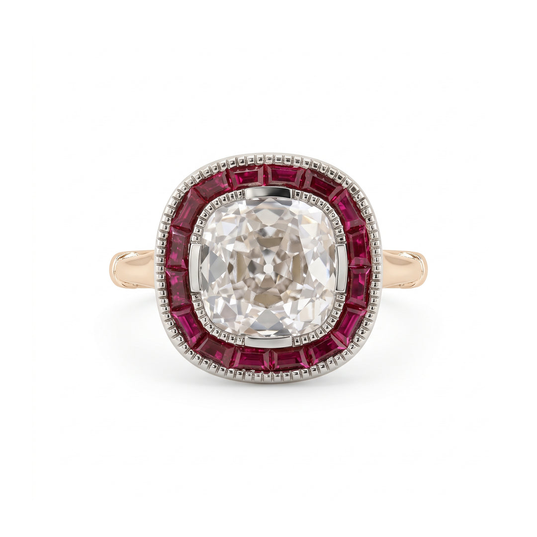 Old Mine-Cut Lab Diamond Millegrain Bezel Ring with Tapered Baguette Ruby Halo