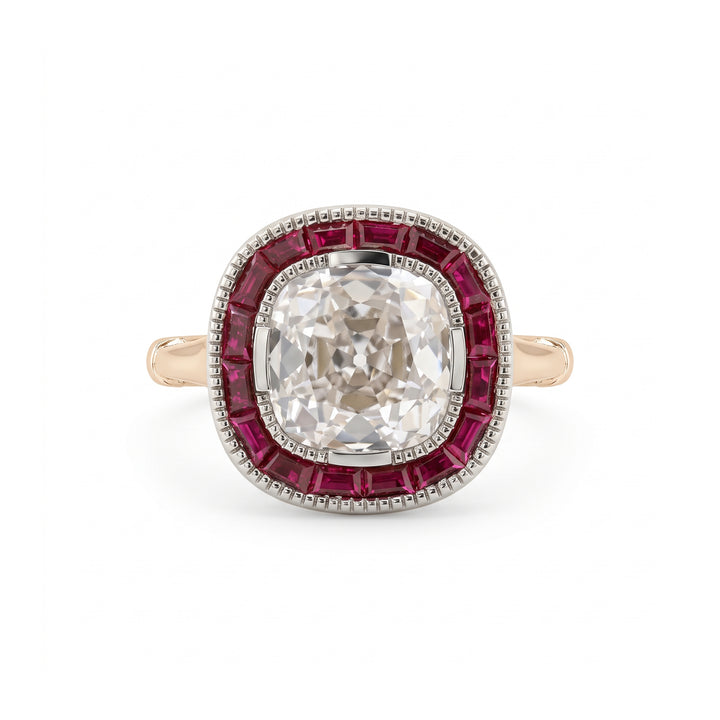 Old Mine-Cut Lab Diamond Millegrain Bezel Ring with Tapered Baguette Ruby Halo