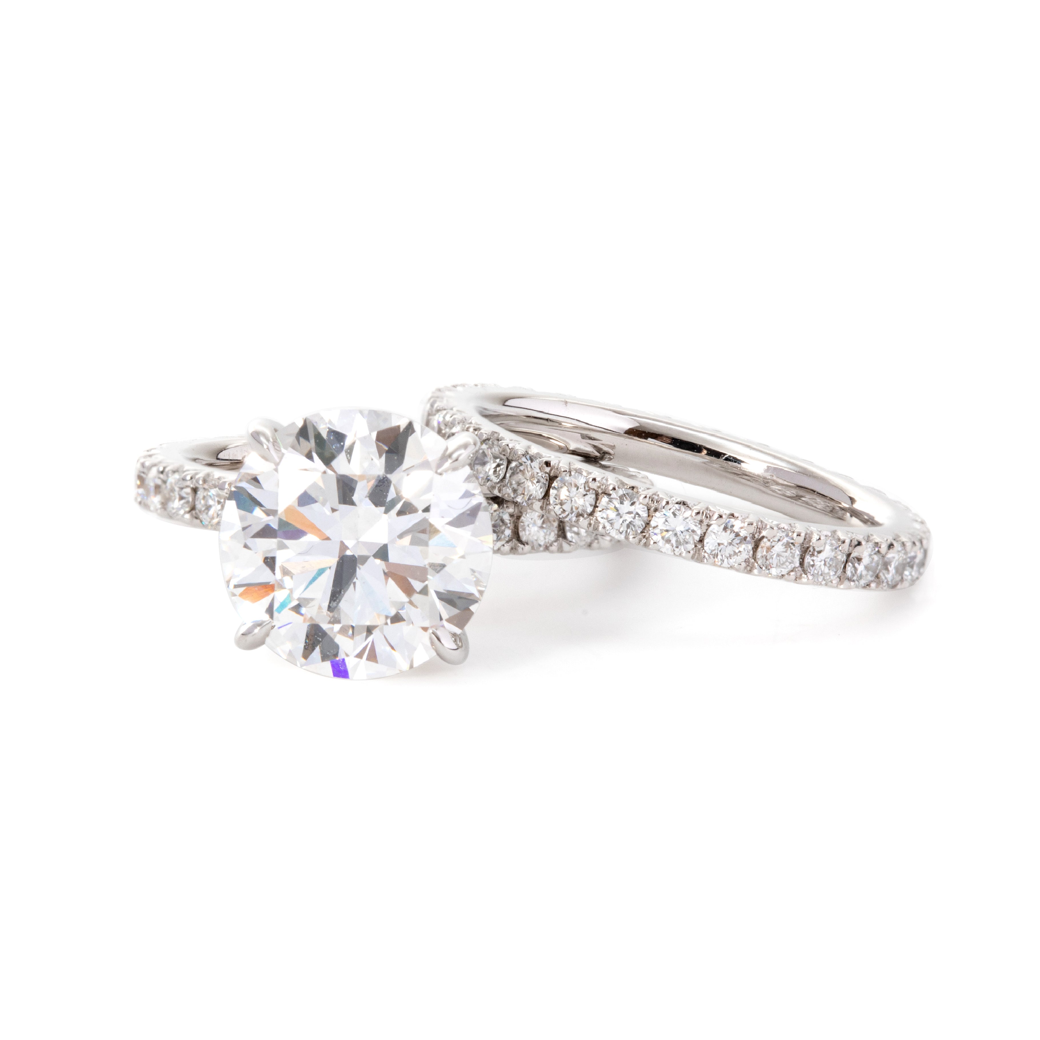 14K White Gold 3 Carat Diamond Ring Bridal Set, Round Brilliant Lab Diamond Hidden Halo Design