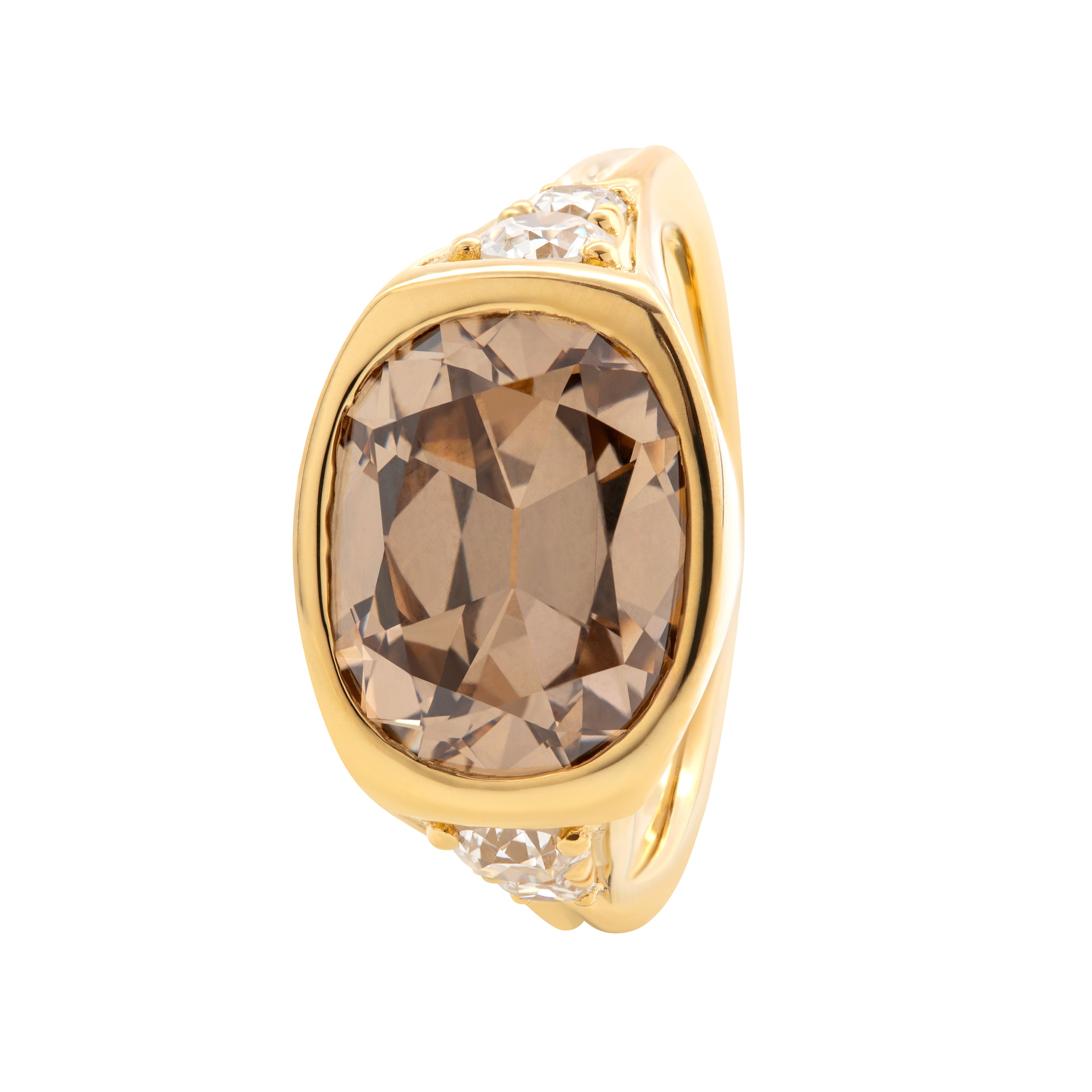 18K Yellow Gold Vintage Ring with 4.51ct Elongated Old Mine Cut Brown Lab Diamond and Old European Side Stones