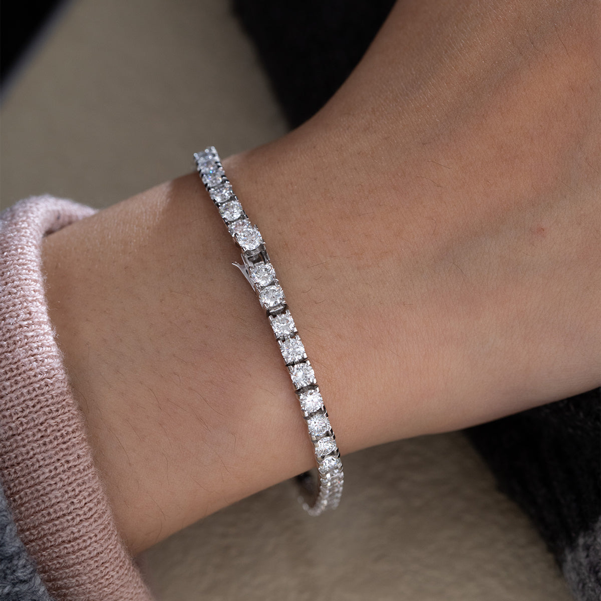 Platinum Round Lab Diamond Tennis Bracelet in A Channel-set, Fully Enclosed Back Design