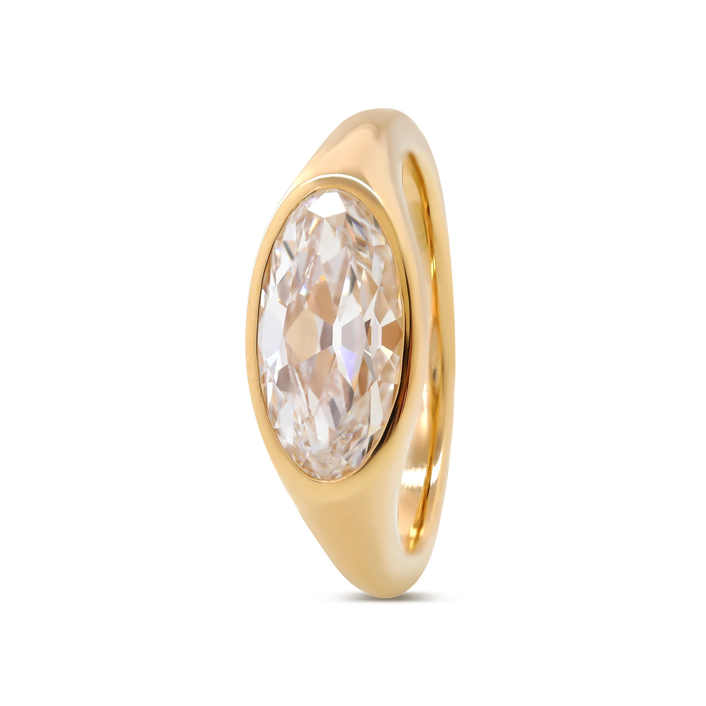 14K Yellow Gold 2ct Elongated Oval Old Mine Cut Lab Diamond Bezel Solitaire Ring