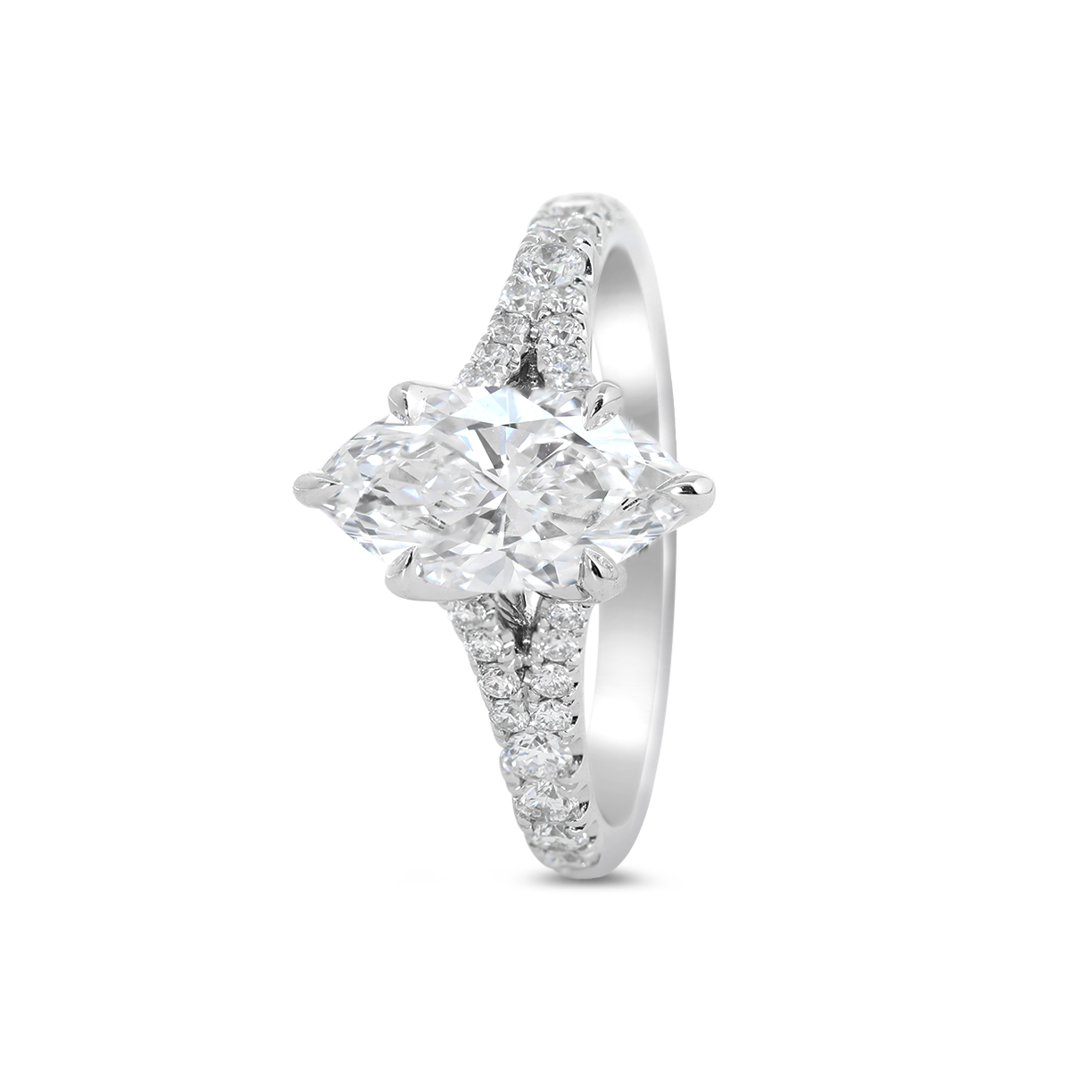 Marquise Cut Lab Diamond Six Claw Prongs Floral Basket Ring — With Round Lab Diamond Pave Split Band Design