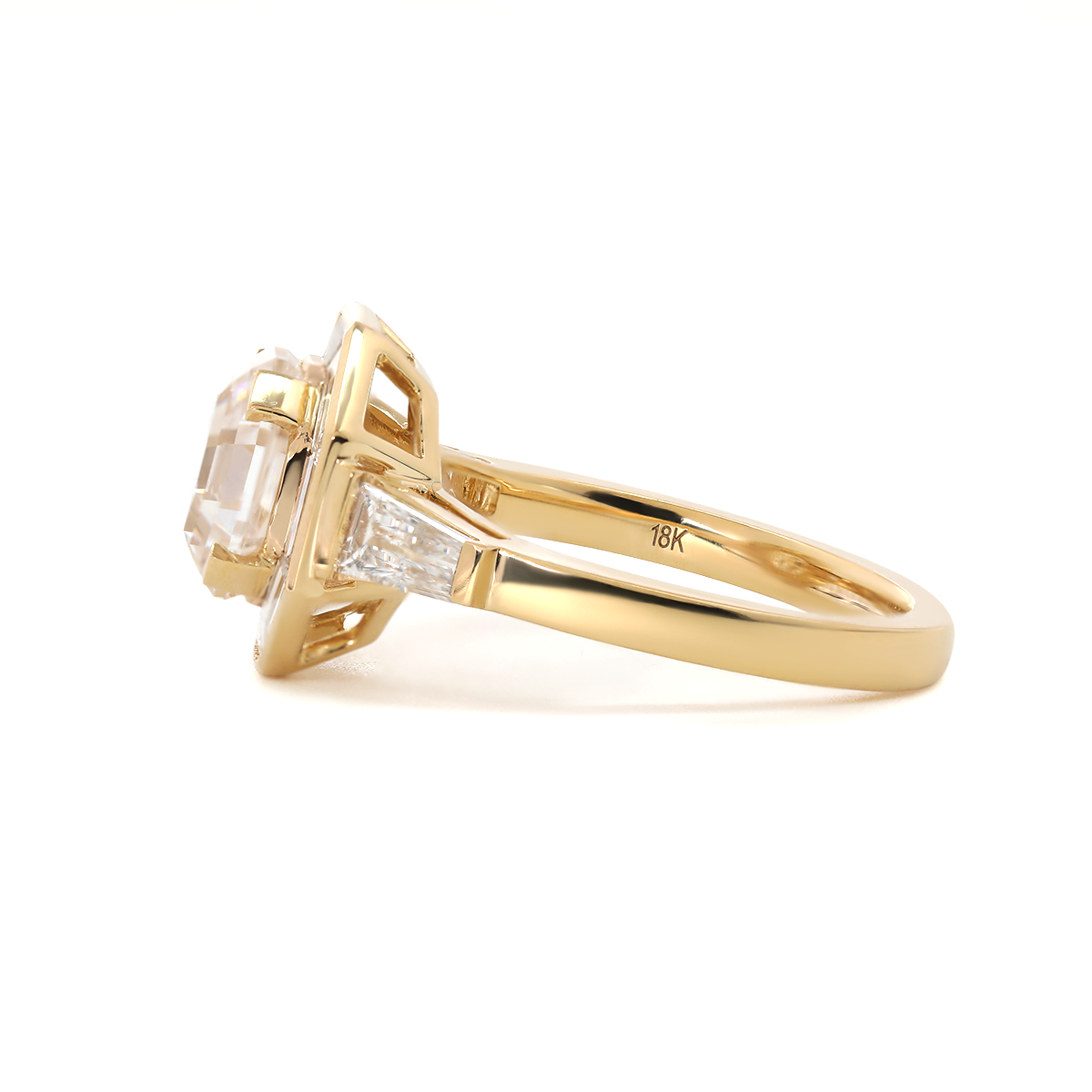 18K Yellow Gold 3ct Antique Bagua-shaped Step Cut Lab Diamond Ring with Tapered Step Cut Lab Diamond Halo and Two Tapered Baguette Cut Side-stone