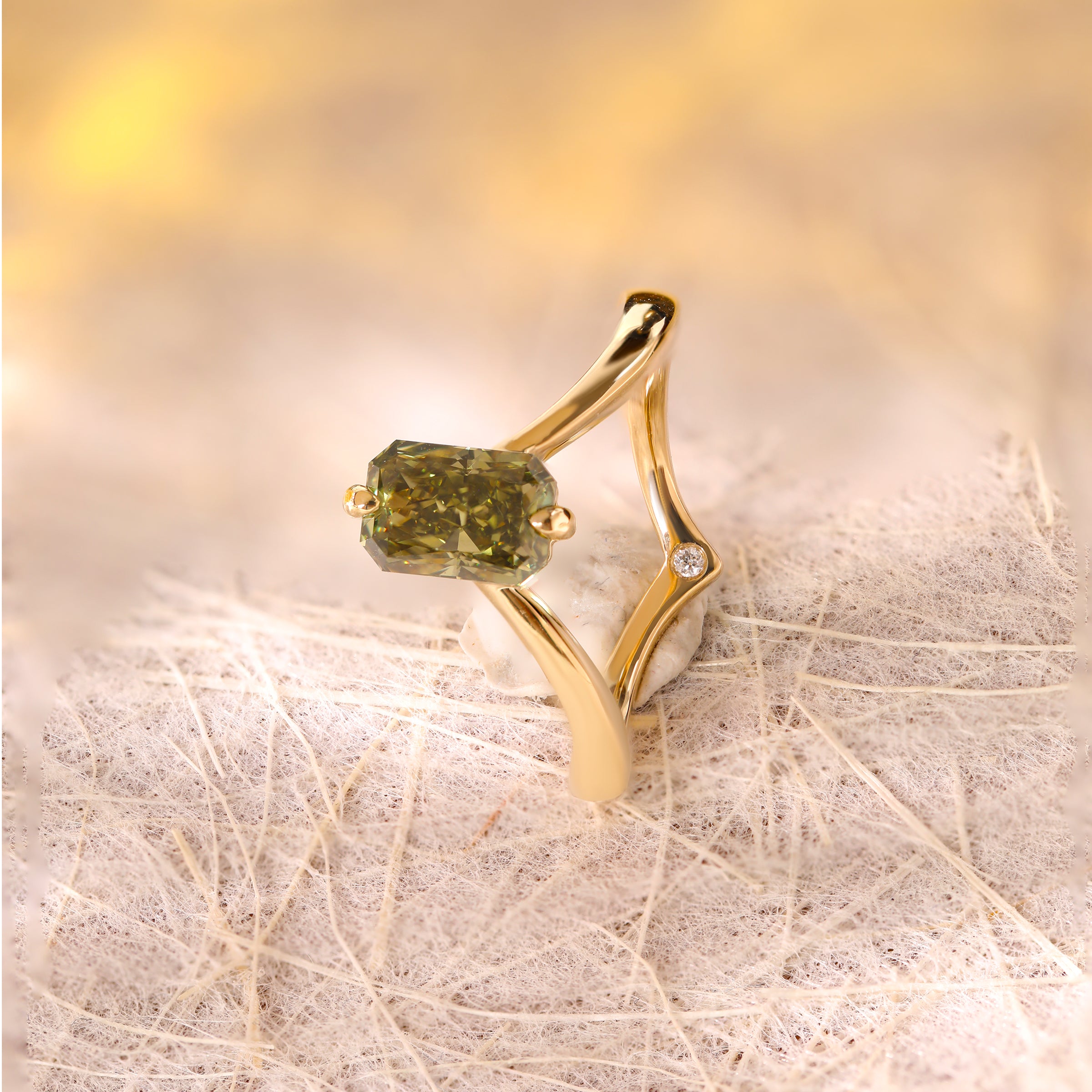 14K Yellow Gold Radiant Cut Green Lab Diamond Sylvan Crown Ring with a Hidden Round Diamond