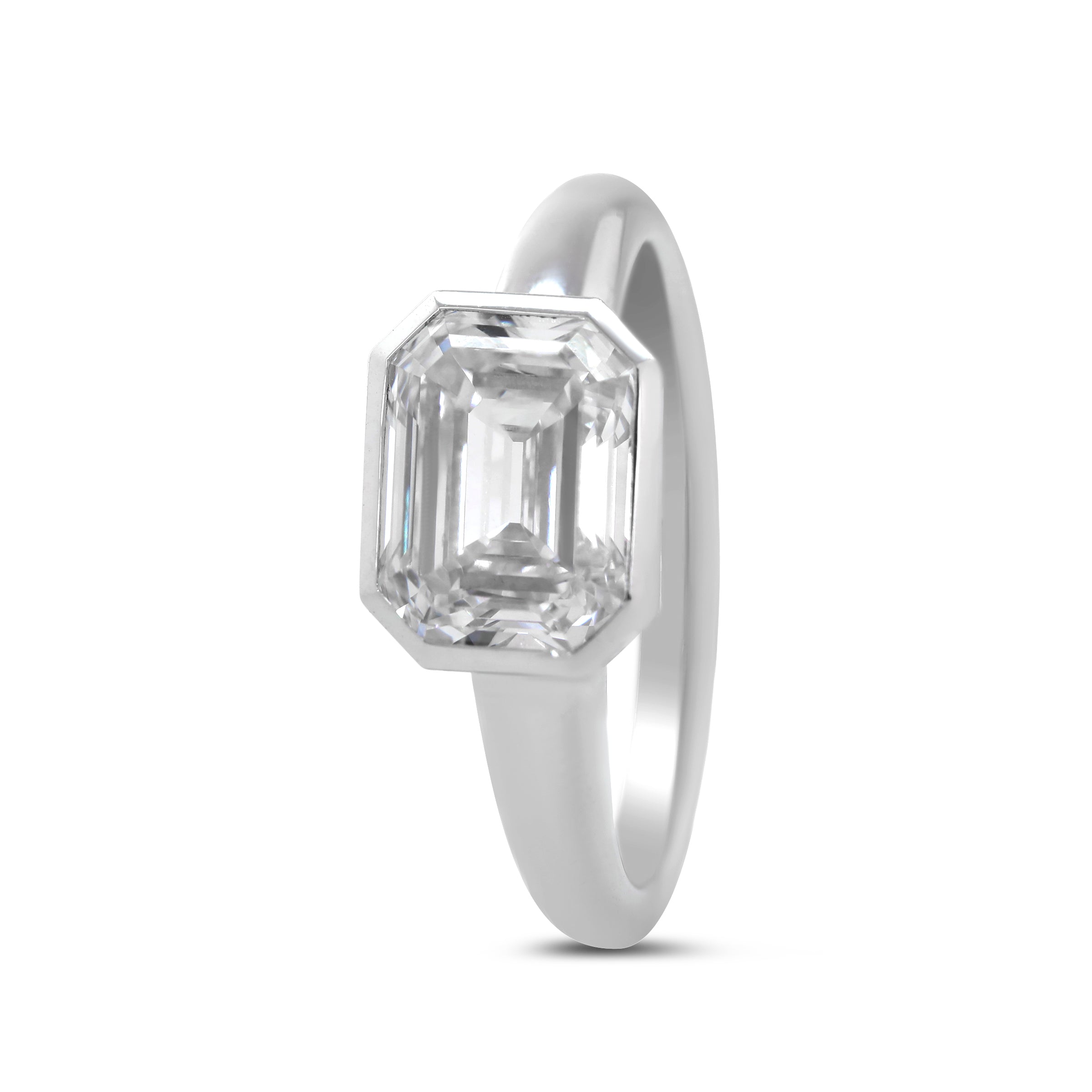 Platinum 3ct Antique Emerald Cut Lab Diamond Bezel Basket Solitaire Ring