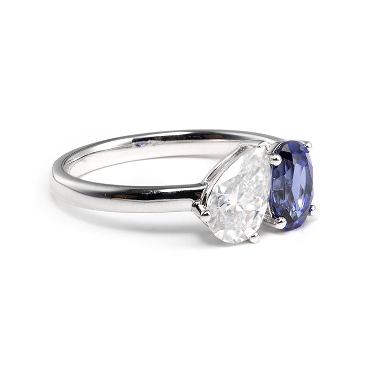 14K Yellow Gold Oval Cut Lab Sapphire and Pear Shaped Lab Diamond Toi et Moi Ring