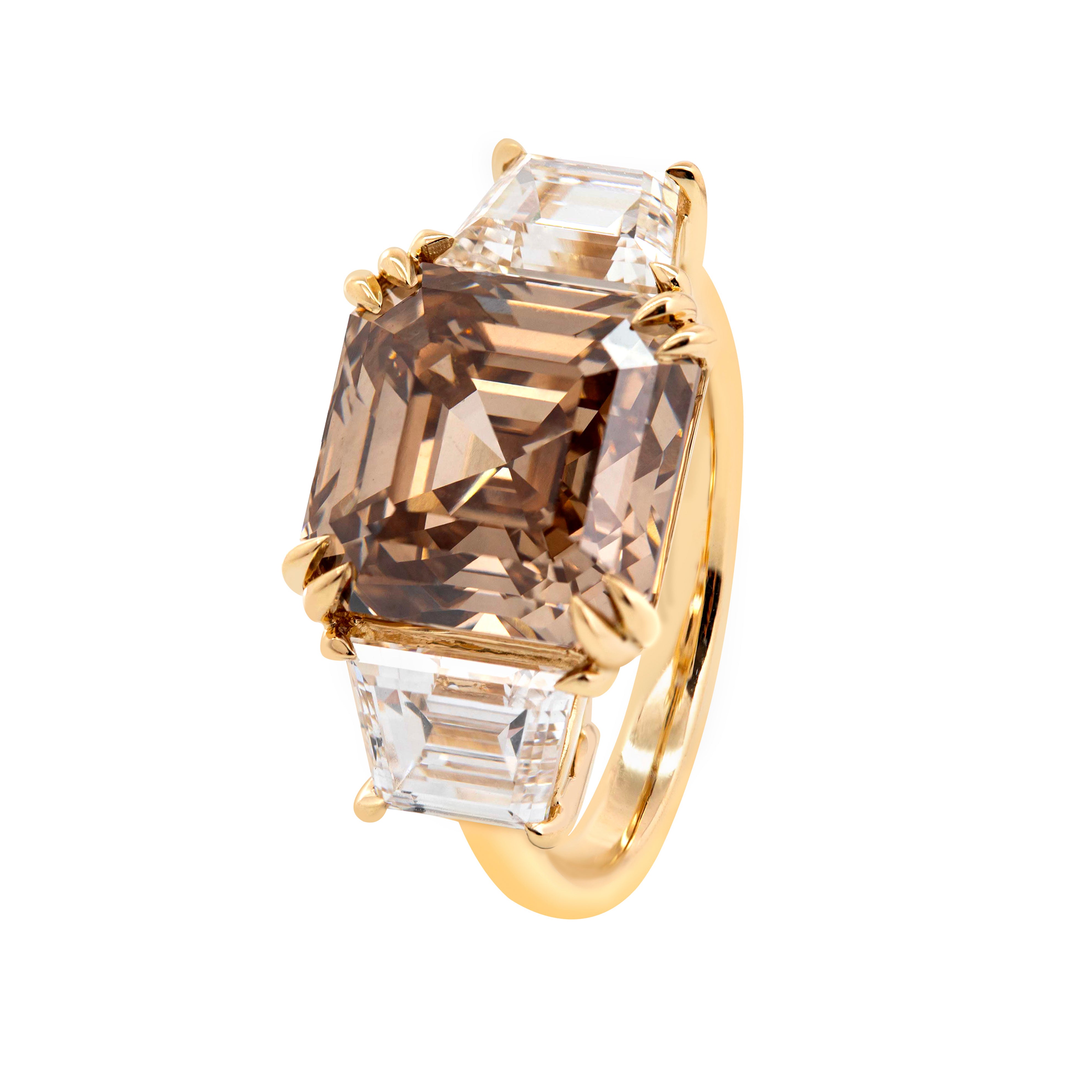 14K Yellow Gold 7ct Asscher Cut Brown Lab Diamond Double Claw Prongs Three-stone Ring with Two Trapezoid Step Cut Diamonds