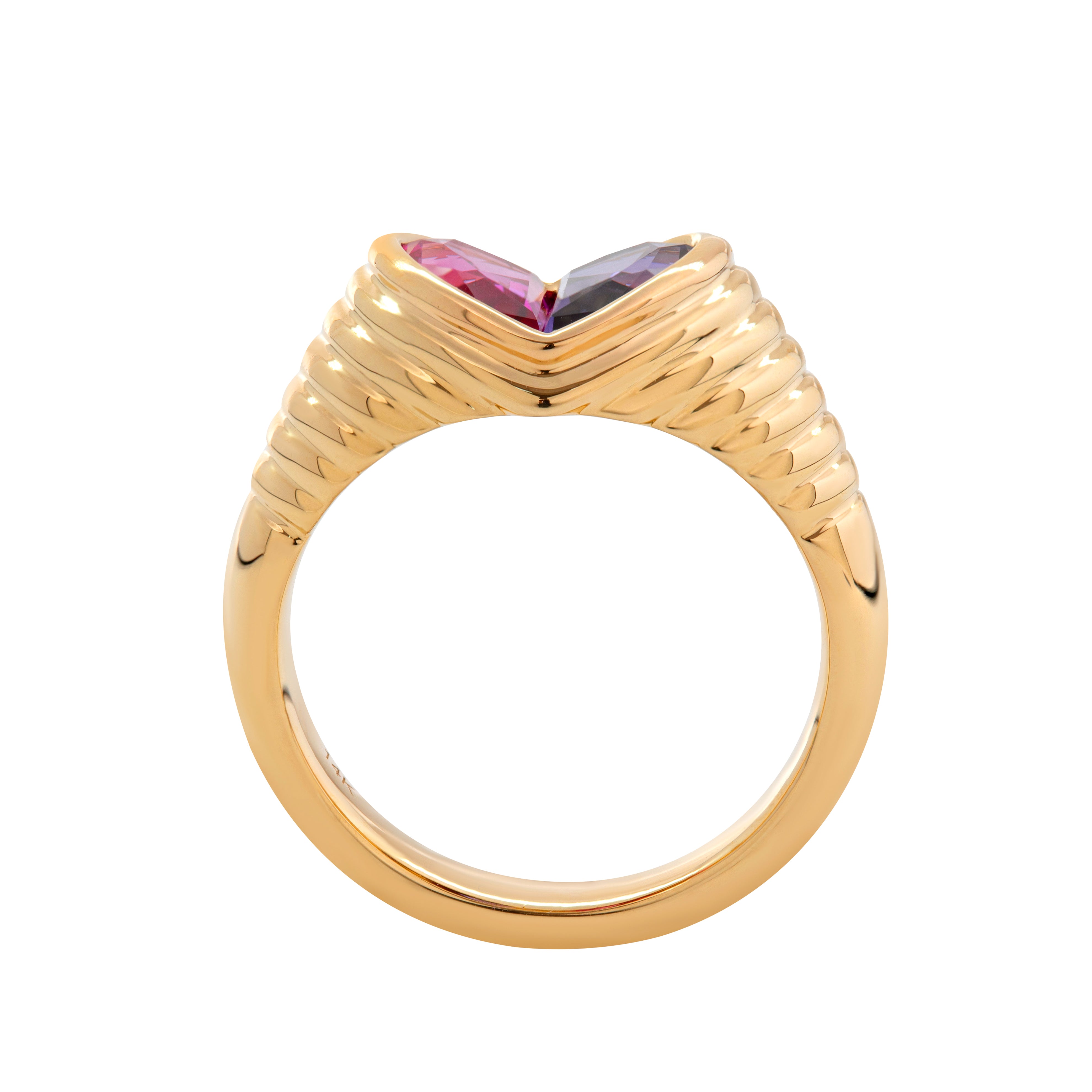 Cherished Moments 14K Yellow Gold Heart Shaped Toi et Moi Ring with 2 Half Heart Shapes Lab Pink Sapphire and Purple Sapphire (Fancy Corundum)