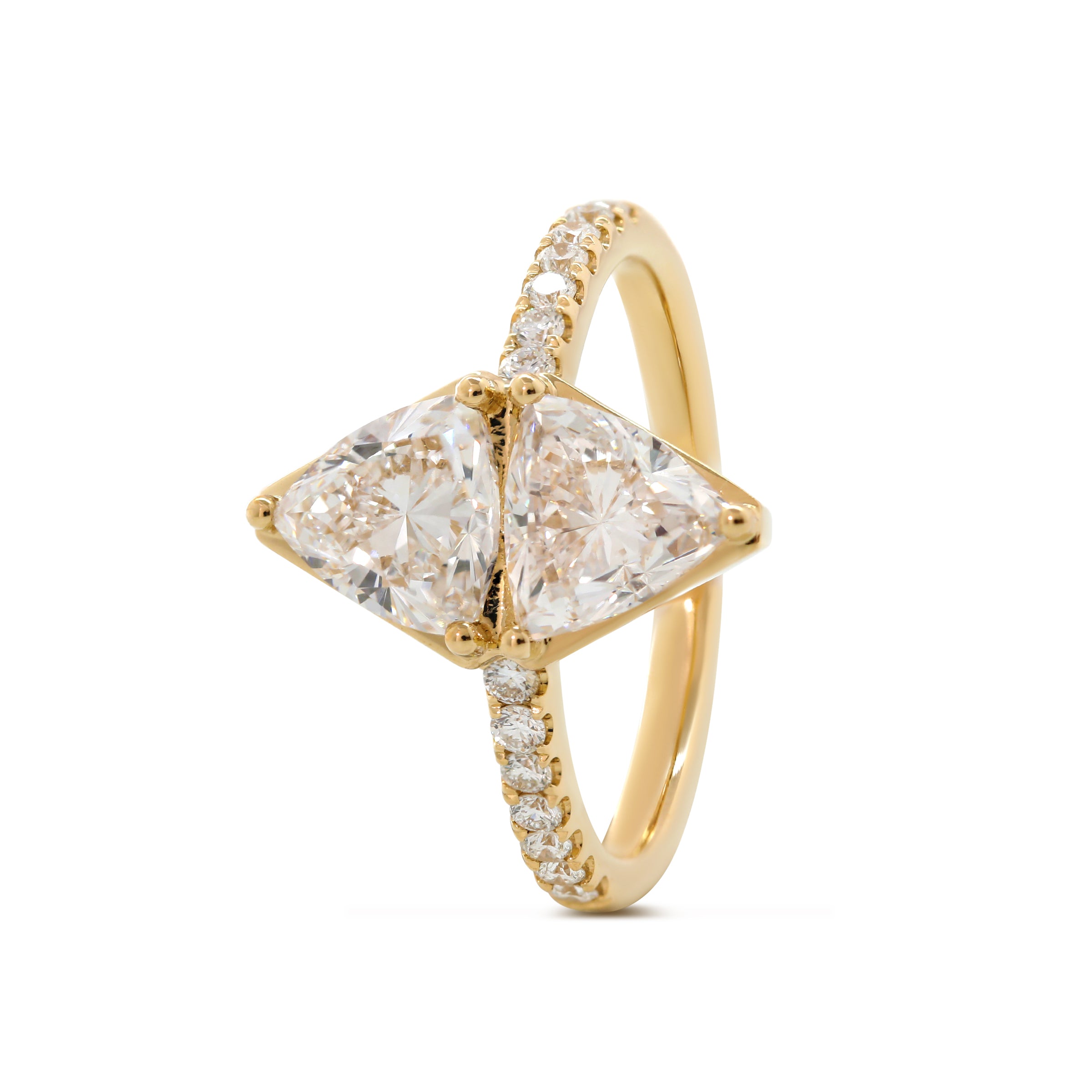 7mm Trillion Cut Lab Diamond Toi et Moi Ring with Half Eternity Pave