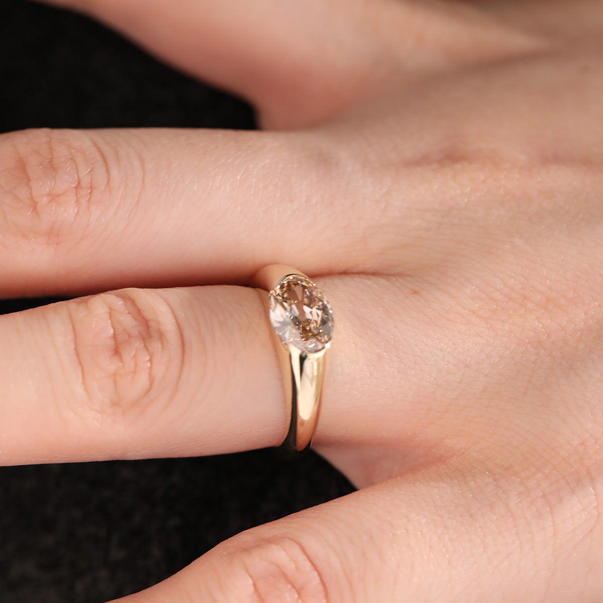 14K Yellow Gold 1.7ct Oval Champagne Color Old Mine Cut Lab Diamond Solitaire Hale Bezel Ring