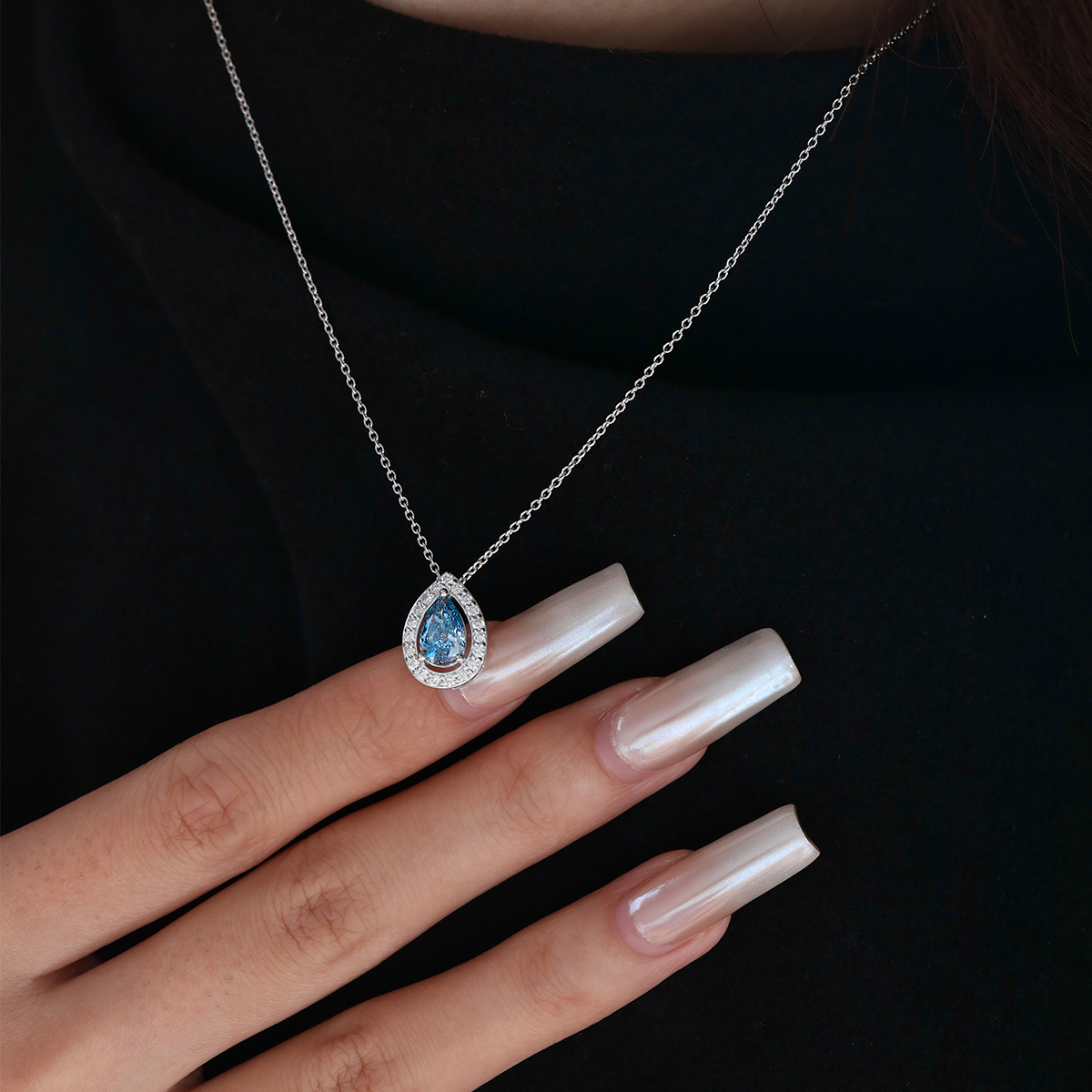Platinum 1ct Pear Shaped Fancy Blue Lab Diamond Pendant Necklace with Round Lab Diamond Halo