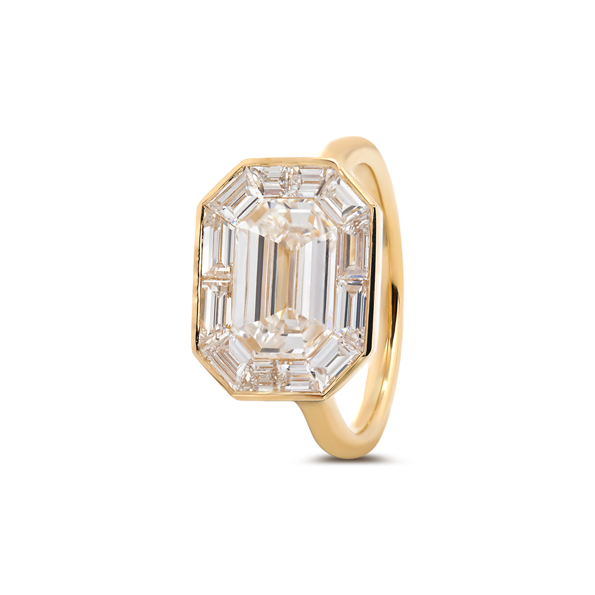 14K Yellow Gold 2.5ct Antique Emerald Cut Lab Diamond Ring with Tapered Step Cut Lab Diamond Halo