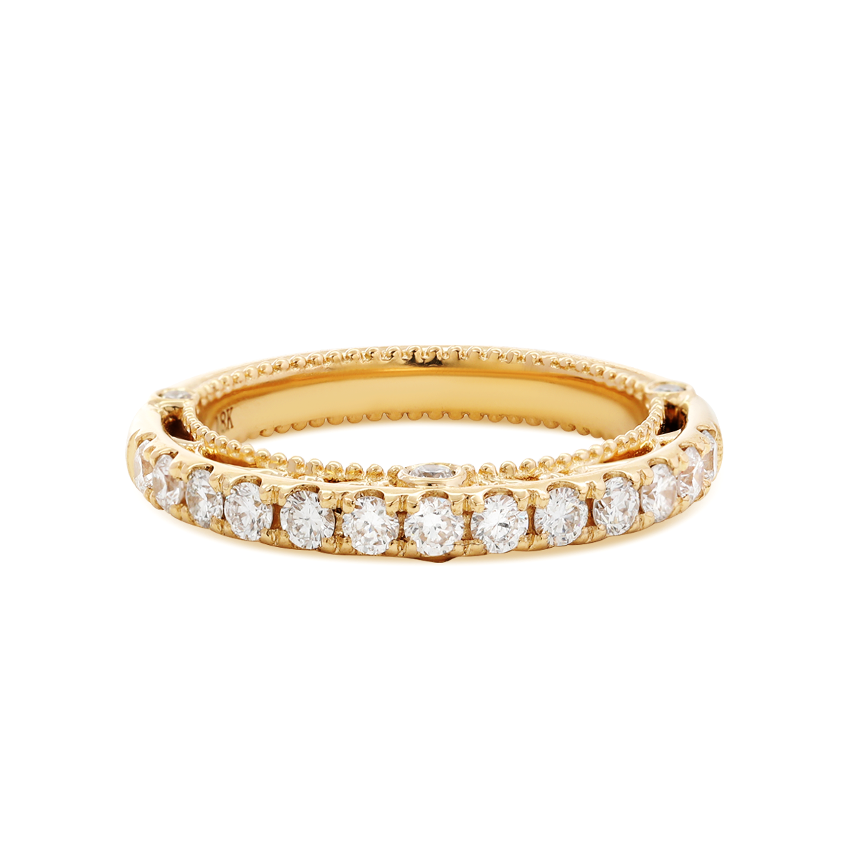 18K Yellow Gold Round Cut Lab Diamond Millegrain and Foral Design Eternity Ring