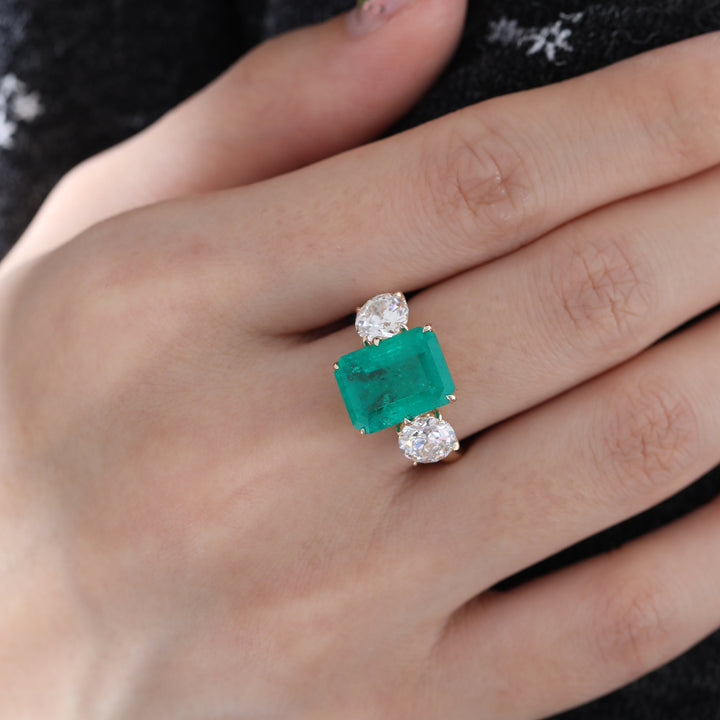 5CT Colombian Emerald Tulip Setting Three Stone Ring Paired with OEC Stones - FIORESE JEWELRY