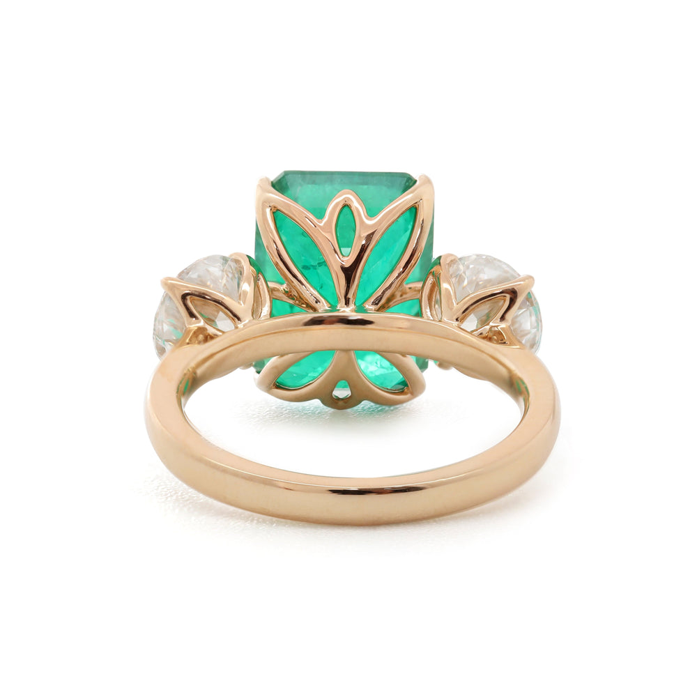 5CT Colombian Emerald Tulip Setting Three Stone Ring Paired with OEC Stones - FIORESE JEWELRY