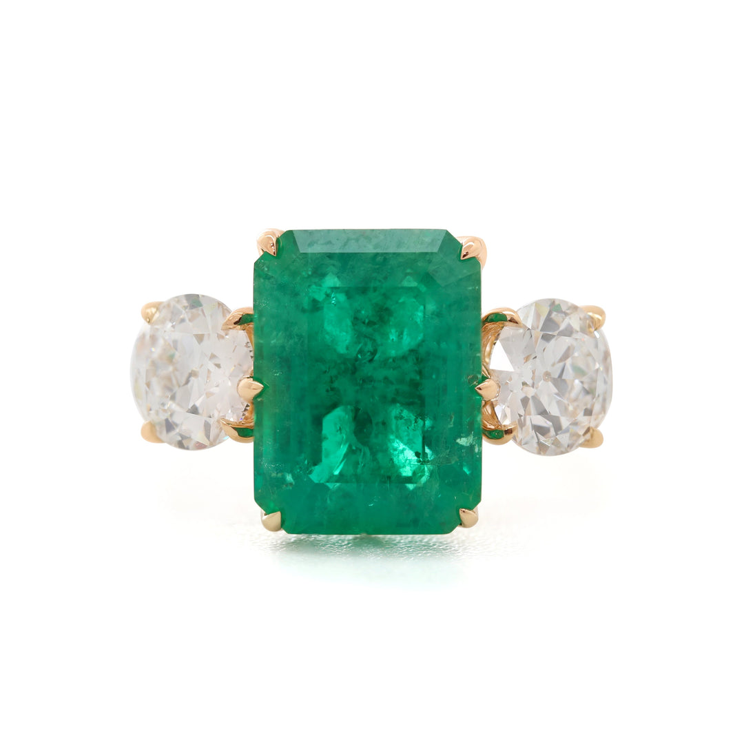 5CT Colombian Emerald Tulip Setting Three Stone Ring Paired with OEC Stones - FIORESE JEWELRY