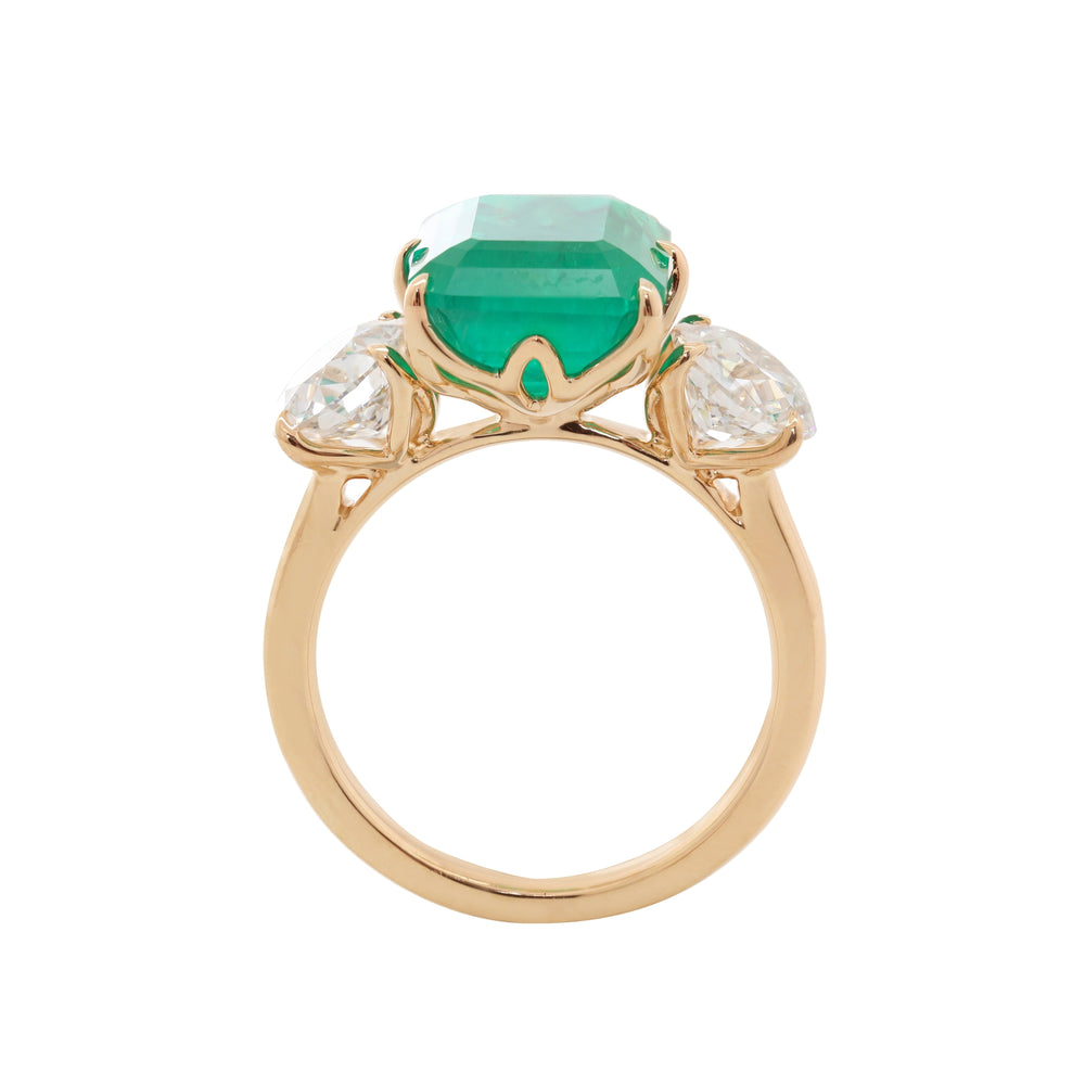 5CT Colombian Emerald Tulip Setting Three Stone Ring Paired with OEC Stones - FIORESE JEWELRY