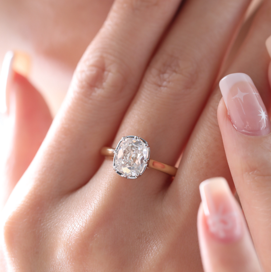 Elongated Old Mine-Cut Lab Diamond Solitaire Ring with Floating Head