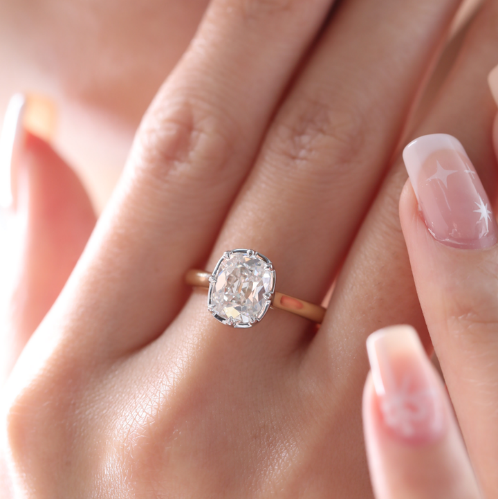 Elongated Old Mine-Cut Lab Diamond Solitaire Ring with Floating Head