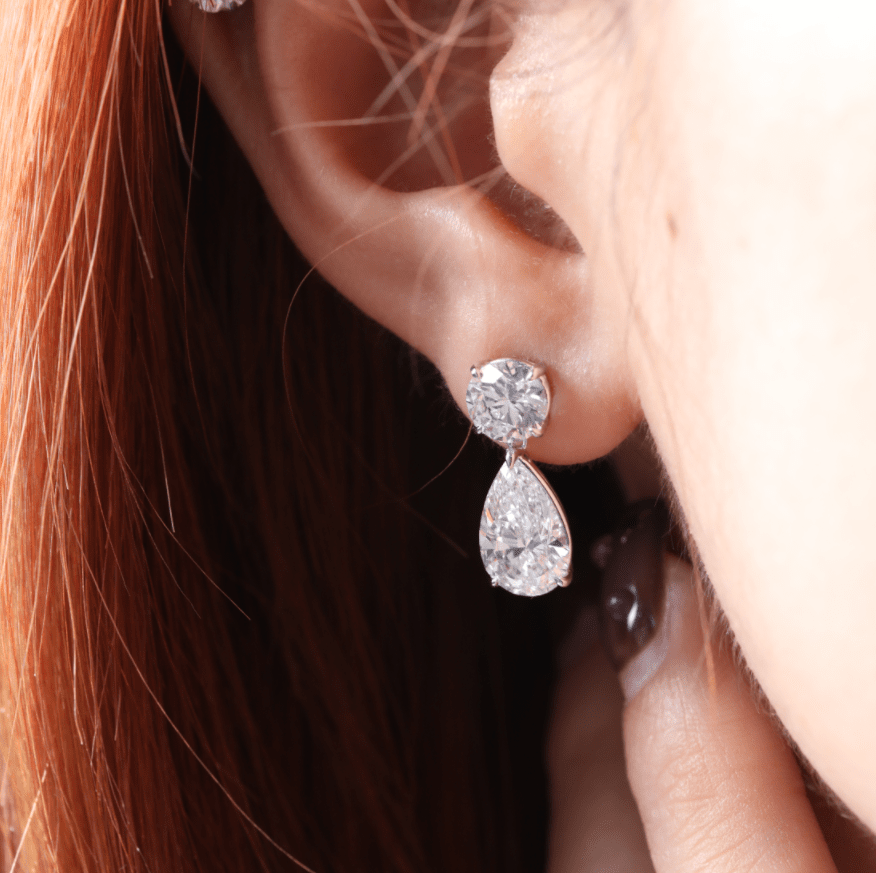 6 ct tw Pear and Round Lab Diamond Claw Prong Basket Drop Stud Earrings - FIORESE JEWELRY