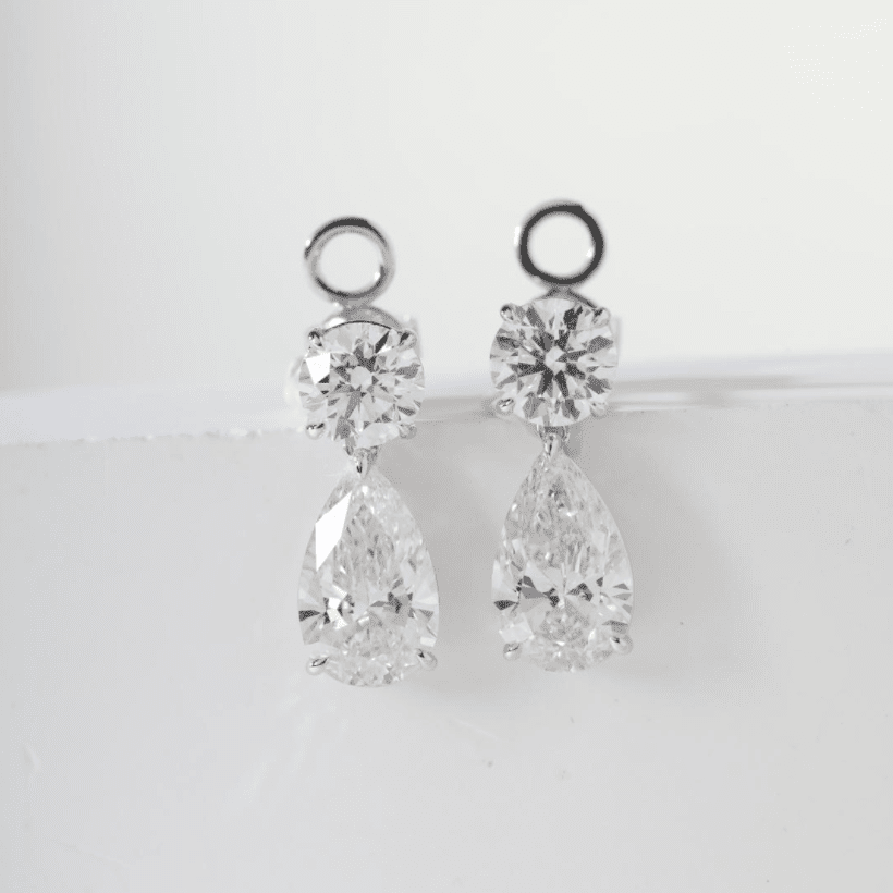 6 ct tw Pear and Round Lab Diamond Claw Prong Basket Drop Stud Earrings - FIORESE JEWELRY