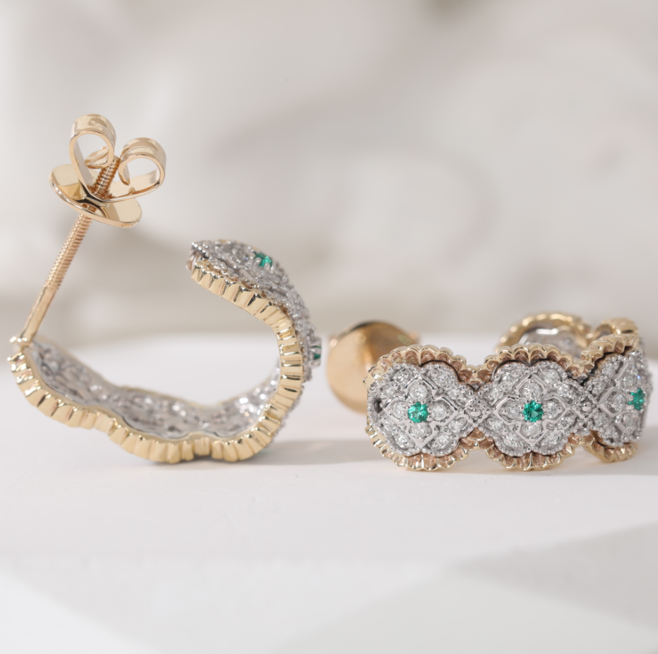 14K Yellow Gold Round Cut Lab Diamond and Round Lab Zambian Emerald Victorian Stud Drop Earrings