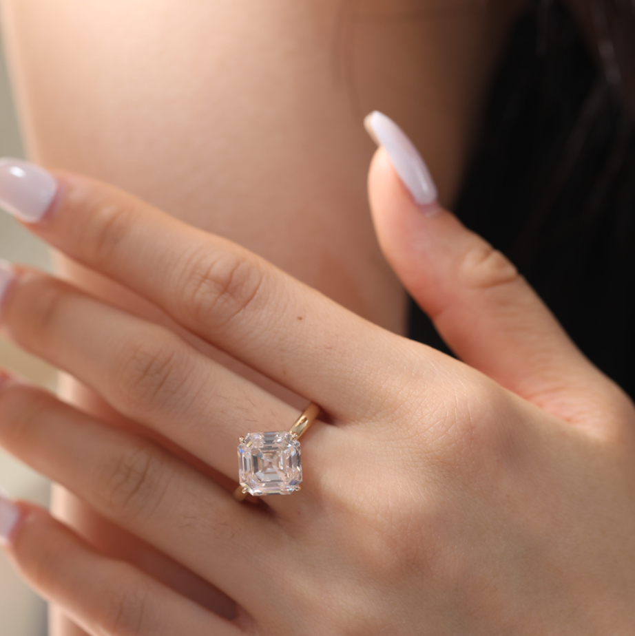 14K Yellow Gold 6ct Antique Asscher Cut Lab Diamond 4 Claw Prong Basket Solitaire Ring