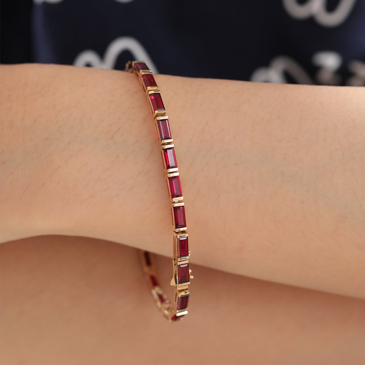 6×3mm Baguette Cut Lab Ruby Half - Bezel Basket Tennis Bracelet - FIORESE JEWELRY