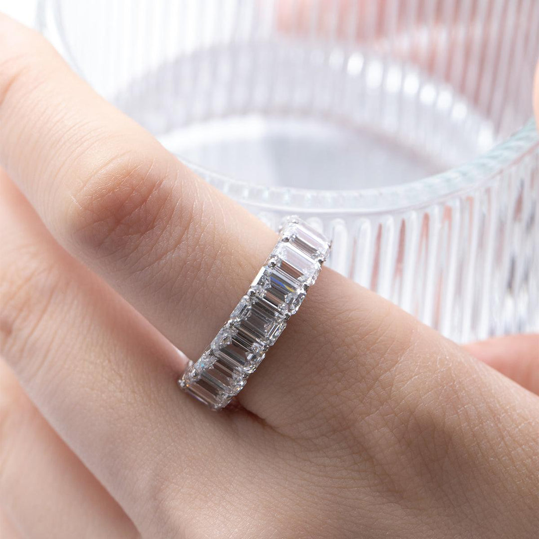 6*4mm Emerald Cut Lab Diamond Shared Prong Basket Eternity Ring - FIORESE JEWELRY