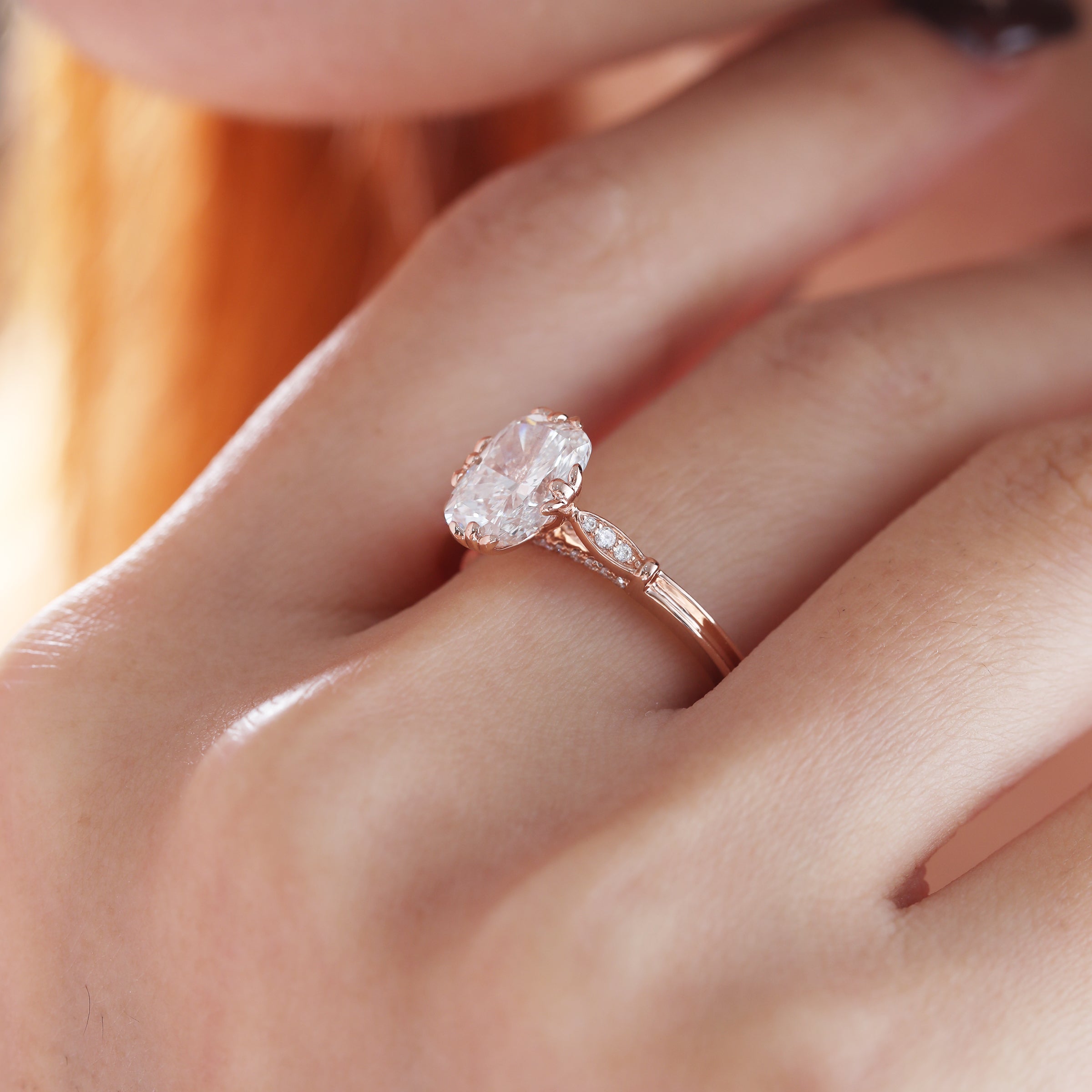 14K Rose Gold 2ct Elongated Cushion Cut Lab Diamond Triple Prong Cathedral Design Ring