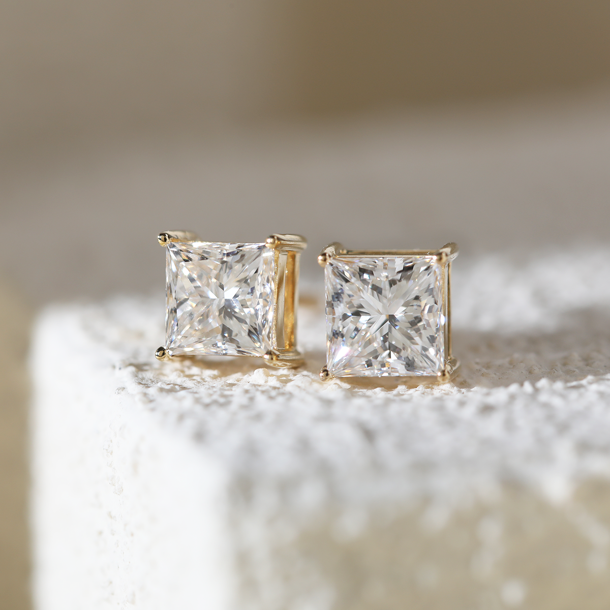 18K Yellow Gold Princes Cut Lab diamond Stud Earrings