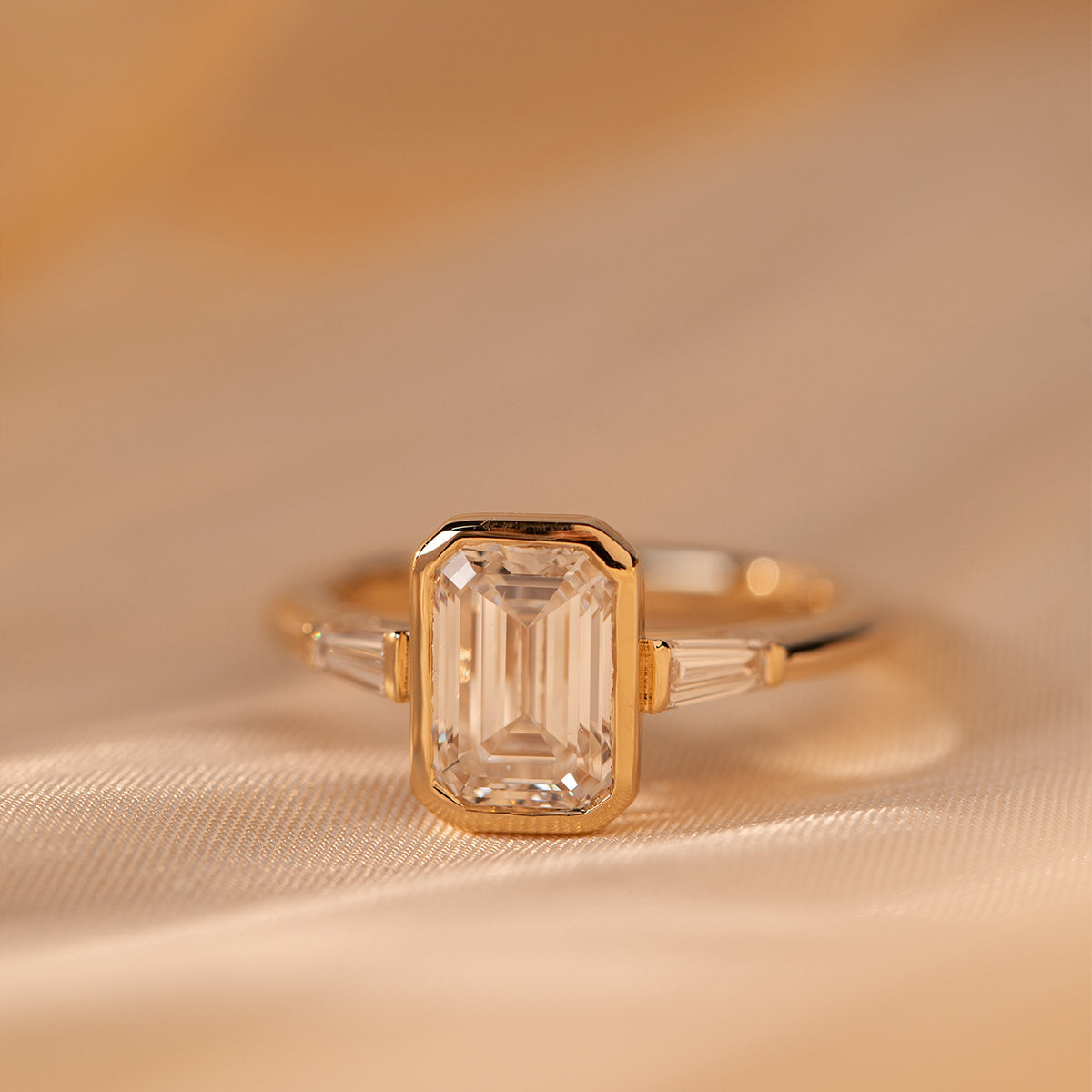 14K Yellow Gold 1.5ct Emerald Cut Lab Diamond Elongated Trapezoid Cut Three-stone Bezel Engagement Ring