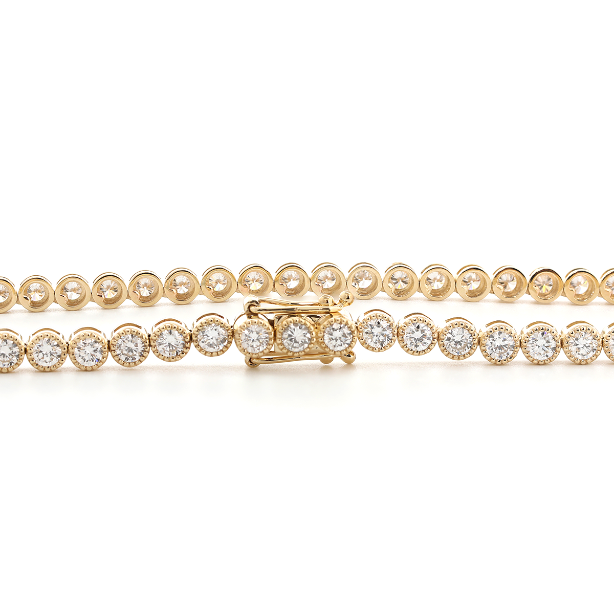 14K Yellow Gold 2.6mm Round Brilliant Cut Lab Diamond Millegrain Bezel Tennis Chain Necklace